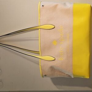 Kate Spade Vibrant Limelight Yellow and Cream Patent Leather & Canvas Tote Bag